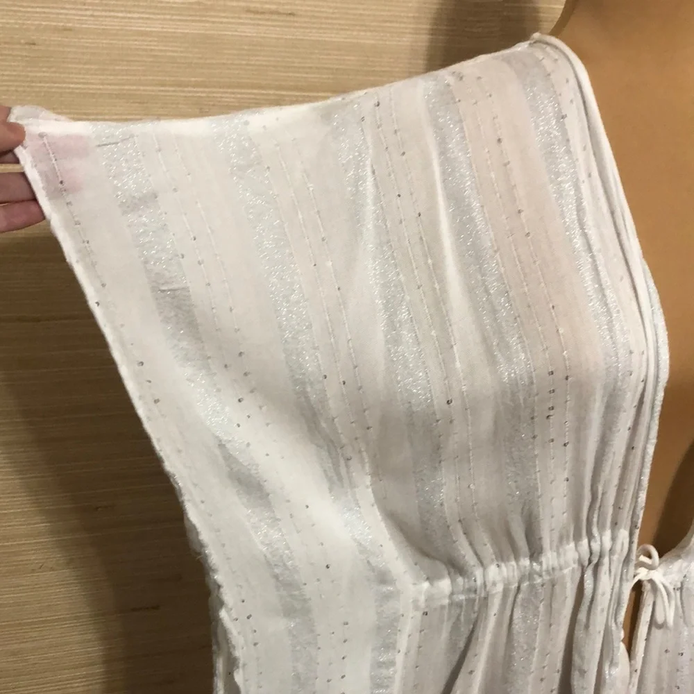 White Women's Swim Drawstring Waist Silver Sequin Tassel Sheer Cover-Up L/XL